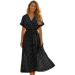 Women's Polka Dot V-Neck Pleated Maxi Dress