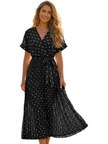 Women's Polka Dot V-Neck Pleated Maxi Dress